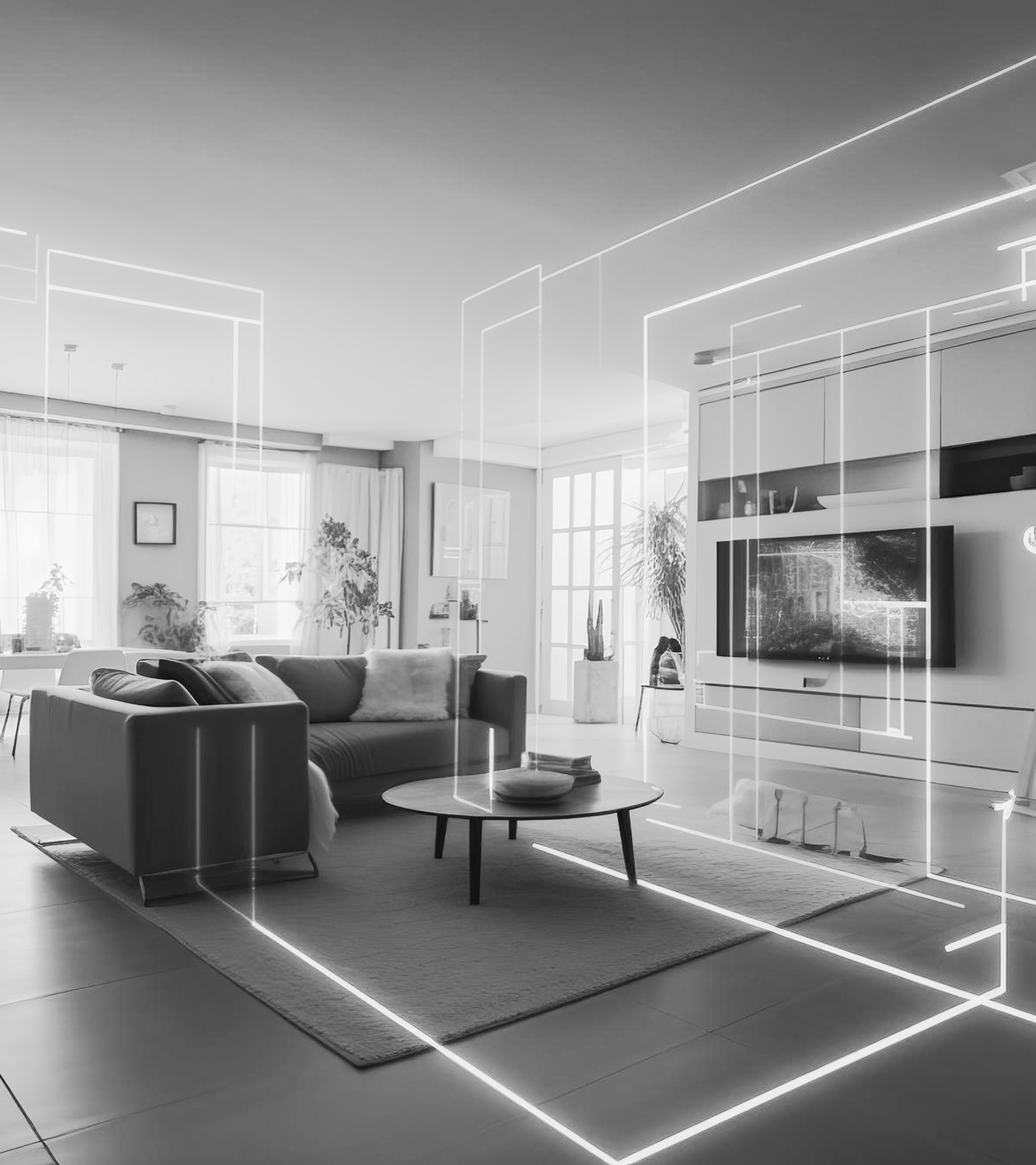 Modern interior with 3D wireframe overlay