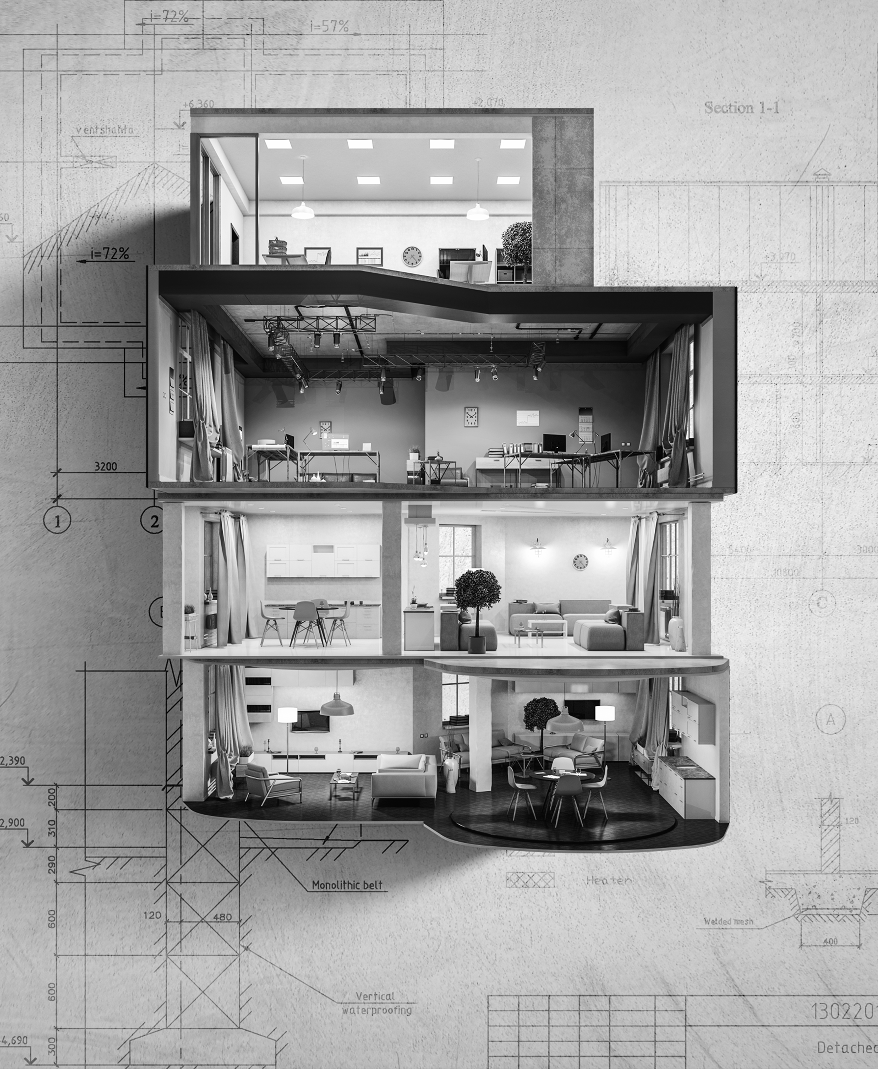 Architectural section cutaway of a multi-storey building