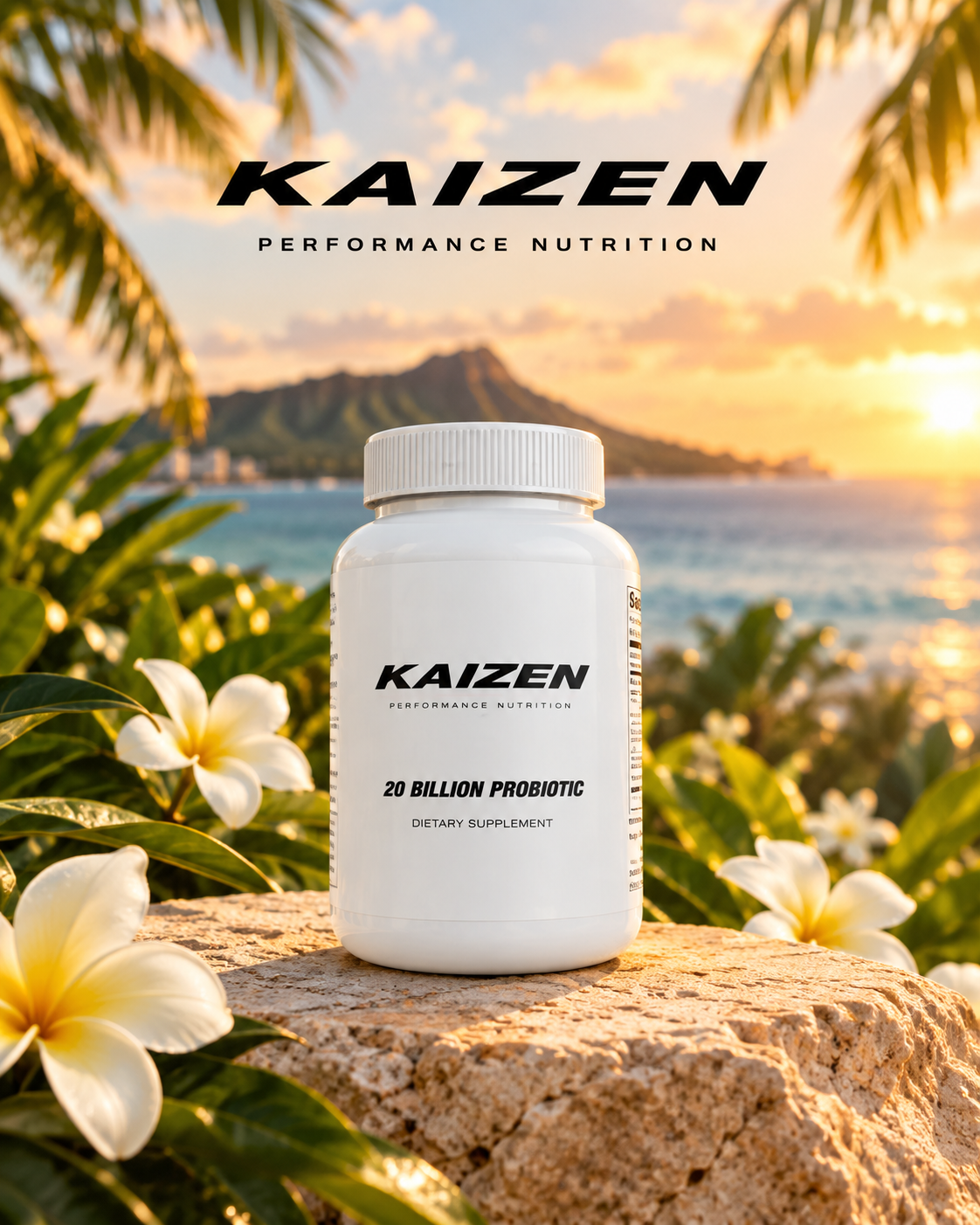 Kaizen 20 Billion Probiotic bottle with Diamond Head sunset backdrop