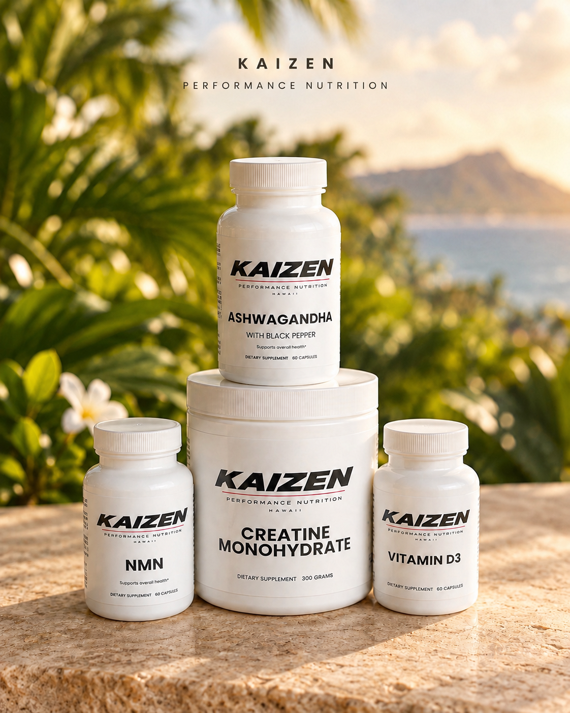 Kaizen Performance Nutrition supplement lineup — Ashwagandha, Creatine Monohydrate, NMN, and Vitamin D3 — set against a Hawai'i backdrop