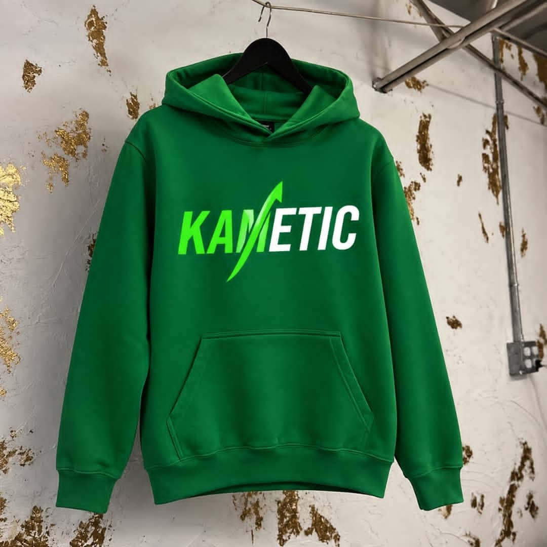 Kanetic hoodie, forest green with logo, hanging lifestyle shot