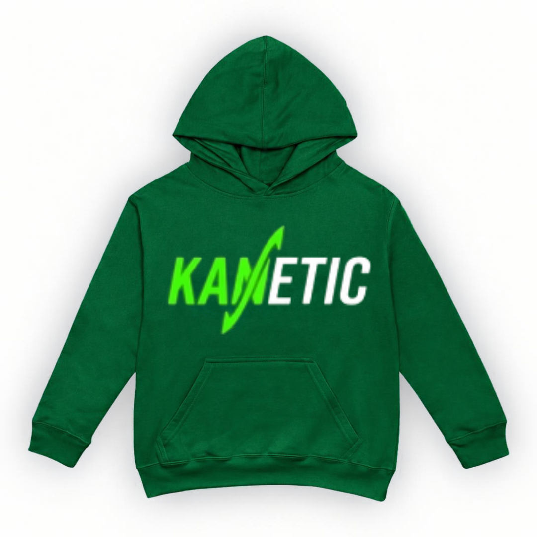 Kanetic hoodie, forest green with logo, flat lay