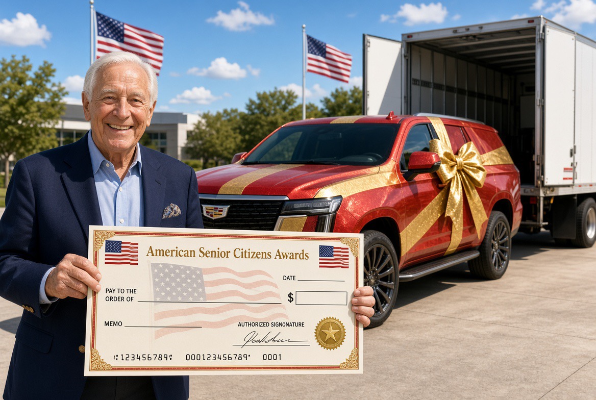 Dianna Anderson smiling and holding her $750,000 prize cheque with a gift-wrapped Cadillac Escalade and American flags behind her